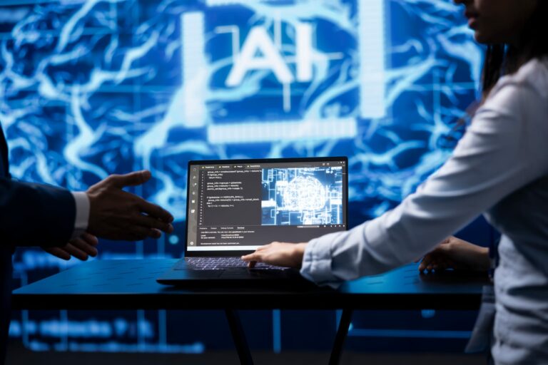 Professional reviewing artificial intelligence technology evidence in a workplace.