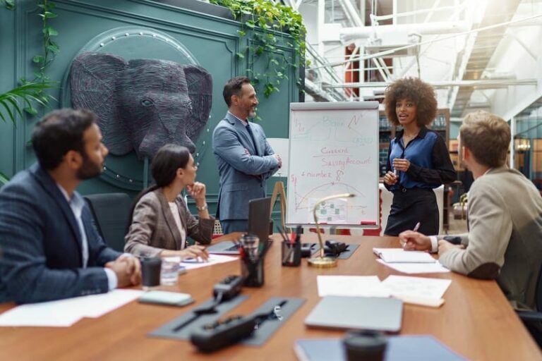 Business team reviewing AI risk categories and GDPR governance evidence in a meeting.