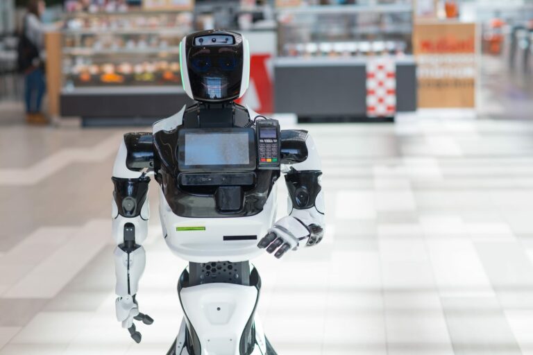 Service robot operating in a retail space with cameras, a screen and payment controls