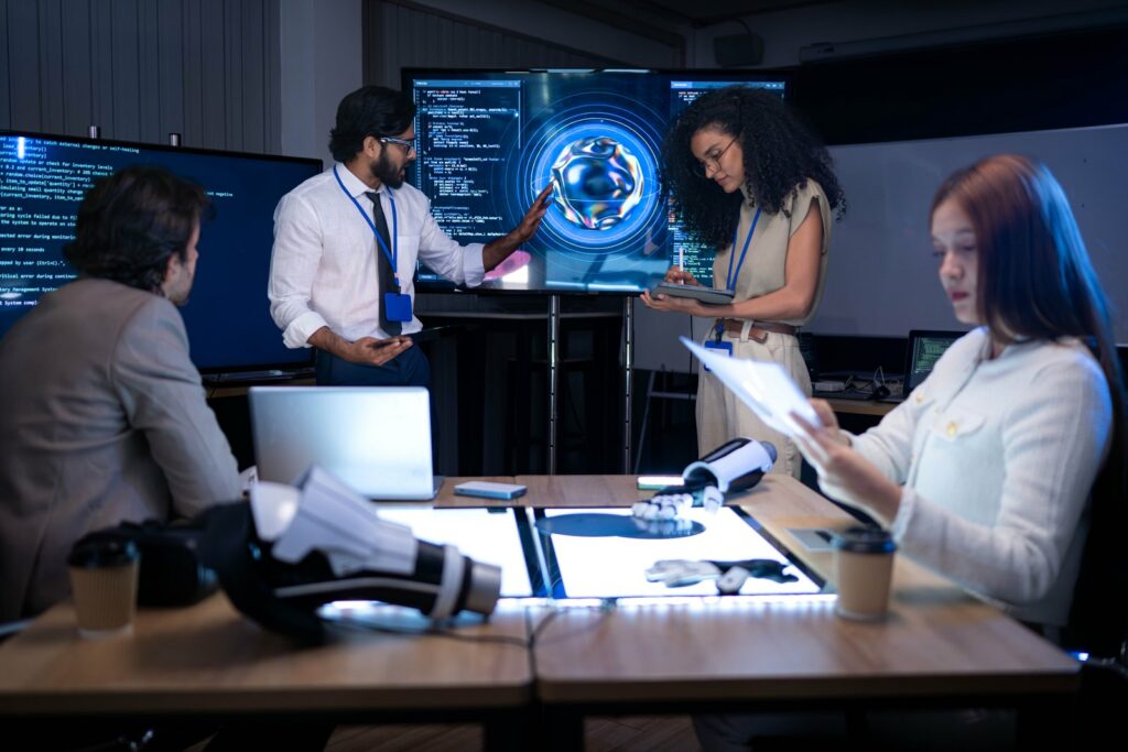 Technical and compliance team reviewing an artificial intelligence governance implementation plan